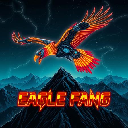 A robotic eagle flying over a mountain-top, beak with fangs. red and yellow stripes.
Background mountains at night. Cosmic skyscape.  Synthwave colorscheme. Very realistic, fantasy illustration.
with the words "EAGLE FANG" emblazoned in 3D, intricate, lightning patterns, with a predominantly neon colors,