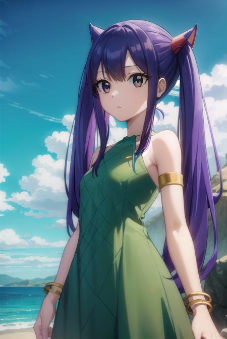 wendymarvell, <lora:wendy marvell-lora-nochekaiser:1>,
wendy marvell, long hair, (brown eyes:1.5), (blue hair:1.5), hair between eyes, twintails, red hair ornament,
BREAK dress, sandals, (green dress:1.5), bare shoulders, armband,
BREAK outdoors, forest, nature, sky, sun, clouds,
BREAK looking at viewer, (cowboy shot:1.5),
BREAK <lyco:GoodHands-beta2:1>, (masterpiece:1.2), best quality, high resolution, unity 8k wallpaper, (illustration:0.8), (beautiful detailed eyes:1.6), extremely detailed face, perfect lighting, extremely detailed CG, (perfect hands, perfect anatomy),