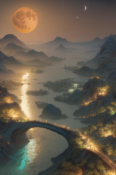 guofeng,night,illustration,best quality,highly detailed,best quality,masterpiece,an extremely delicate and beautiful,extremely detailed,8k wallpaper,Amazing,finely detail,best quality,official art,extremely detailed CG unity 8k wallpaper,(style of Victo Ngai:0.5),<lora:JiangshanXXMix-V1.0:0.55>,(moon:1.3),(river:1.2),(forest:1.0)(mountain :1.2)(bird:1.1),chinese text,<lora:smokeanywhere:0.45>,