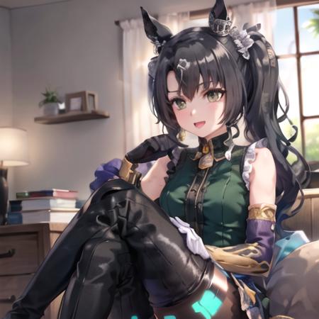 indoors, satono_crown, (1girl), solo, (horse_ear), horse_tail,  side_ponytail, hair ornament, bare_shoulders, green_shirt, sleeveless, elbow_gloves, black_skirt, pantyhose, thigh_boots, thighhighs, black_legwear, high_heel_boots, sitting, crossed_legs, (full_body:0.7), <lora:satono_crown_v1.0_locon_AdamW8bits:0.65>