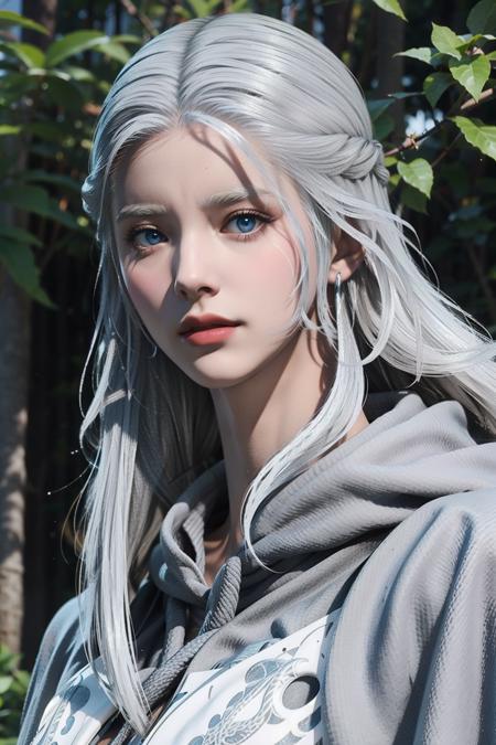 (8k, RAW photo, best quality, masterpiece:1.2), (realistic, photo-realistic:1.4), ultra-detailed, perfect detail ,make up, venat, white robe,  closed mouth, smile, mask,  (white hair:1.5), blue eyes, glowing eyes, long hair,  <lora:Venat:0.7>  long_sleeves,from below, blue eyes, glowing eyes, looking at viewer, upper body, detailed eyes, outdoors,