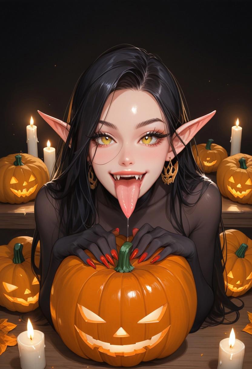 score_9, score_8_up, score_7_up, score_6_up, score_5_up, score_4_up,adult 30+, 1 Monster girl, solo, black long elf ears, red eyeballs, yellow cat pupils, big eyes, looks at the pumpkin, evil seductive emotion, evil smile, long fangs visible, tongue sticking out, pumpkin in hand,( long red claws on hands and feet:1.1),( tongue licking small pumpkin:1.5) , black long hair, two-tone hair (black and red),( black fur body:1.5),( sitting in lotus position:1.1),( full body:1.1),( erotic pose:1.1), posing, dark background, halloween pumpkins, candles in pumpkins, candles, halloween, top view, focus on face, sexy hourglass figure,