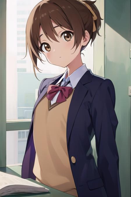 konuihirasawa, <lyco:uihirasawa-LYCORIStest:1>,
ui hirasawa, (brown eyes:1.5), brown hair, ponytail, short hair, (flat chest:1.2),
BREAK sakuragaoka high school uniform, school uniform,
BREAK looking at viewer,
BREAK indoors, classroom,
BREAK <lora:GoodHands-vanilla:1>, (masterpiece:1.2), best quality, high resolution, unity 8k wallpaper, (illustration:0.8), (beautiful detailed eyes:1.6), extremely detailed face, perfect lighting, extremely detailed CG, (perfect hands, perfect anatomy),