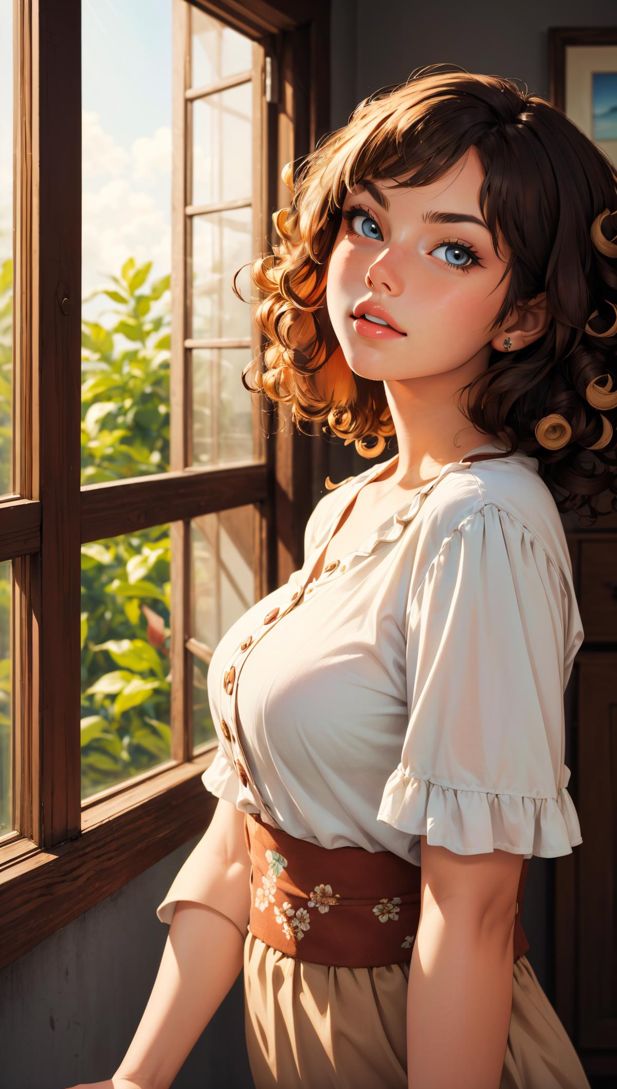 A beautiful woman with long brown hair wearing a white shirt.