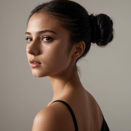 1girl,spotlight,silhouette,portrait,parted lips,beautiful detailed skin,one hair bun,White shirt,dark background,masterpiece,best quality,black hair,Slicked Hair,face front,upper body,portrait,face in center,dark background,