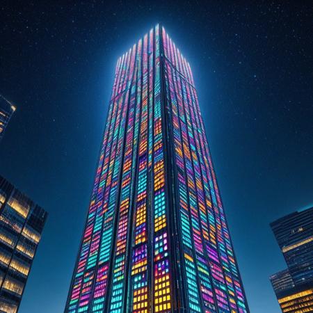 LED, a skyscraper with colorful LED lights, detailed background, detailed texture, Night sky.