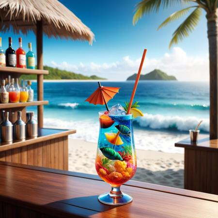 concept art (Digital Artwork:1.3) of (Ultrarealistic:1.3) <lora:DalE-3-FFusion-LoRA-ViT-FA:1> 4K digital art of a colorful cocktail glass at a beach bar. But instead of a regular drink, the cocktail contains a swirling, miniature ocean scene. Coral reefs, tiny fish, and even a small diver can be seen swimming within, turning the drink into a marine adventure.,CGSociety,ArtStation . digital artwork, illustrative, painterly, matte painting, highly detailed