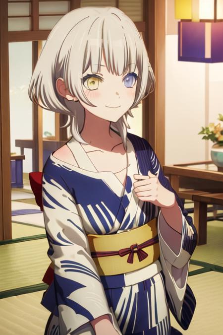 best quality, masterpiece, highres, solo, {yukata:1.40}, {kimono:1.20}, {kaname_rana_bangdreamitsmygo:1.15}, short_hair, bangs, blush, grey_hair, collarbone, closed_mouth, yellow_eyes, heterochromia, instrument, smile, blue_eyes