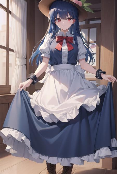 tenshi hinanawi, long hair, bangs, (red eyes:1.5), blue hair, skirt, shirt, hat, bow, white shirt, short sleeves, boots, frills, food, puffy sleeves, bowtie, apron, puffy short sleeves, blue skirt, black headwear, fruit, leaf, brown footwear, frilled skirt, cross-laced footwear, peach, (rainbow order:1.5),