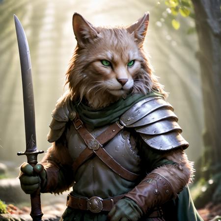 highly detailed analog photo of tabaxi, 

solo, looking at viewer, gloves, weapon, holding weapon, sword, belt, armor, fur trim, green eyes, blurry, blurry background, realistic:1.3, medieval alley,


masterpiece, best quality:1.1, 

depth of field:1.1, 
(analog photography:1.2),


