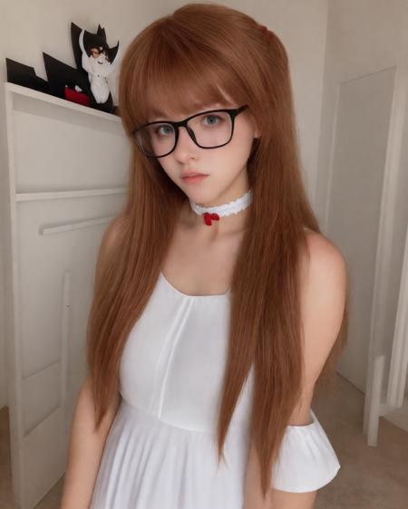 dirya, aska, 1girl, long red hair, beautiful, young, white dress, chocker, selfie photo, glasses, <lora:dirya:0.7>