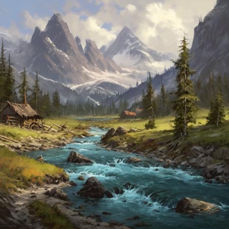 artwork in jrst artstyle of a mountain river landscape, hd, 4k, high-quality