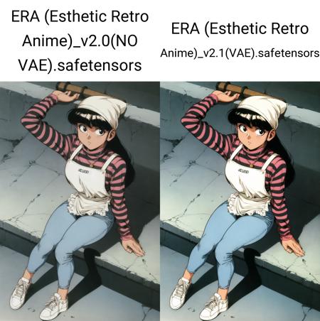 1girl, solo, long hair, short hair, bangs, black hair, long sleeves, sitting, full body, parted lips, shoes, striped, pants, black eyes, apron, arm up, sweater, turtleneck, arm support, from above, white footwear, denim, animal print, sneakers, clothes writing, jeans, striped shirt, turtleneck sweater, bandana, retro artstyle, cable, 1980s (style), shading eyes, cat print, industrial pipe, yellow apron