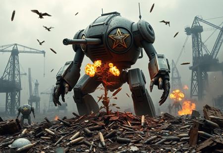 apocalyptic WORL, FULL OF TRASH, MECHANICAL PARTS EVERYWERE, GIANT CRANES BACKGROUND, SMOG, 1 ROBOTS, A BIG MUSCLE ROUNDED TANK ROBOT WITH LONG ARMS MILITARY BADGES AND SHORT LEGS DAMAGED WITH BULLET HOLES PROTECTING A LITTLE PLANT, BULLET FLYING AND HITTING THE ROBOT, EXPLOSIONS