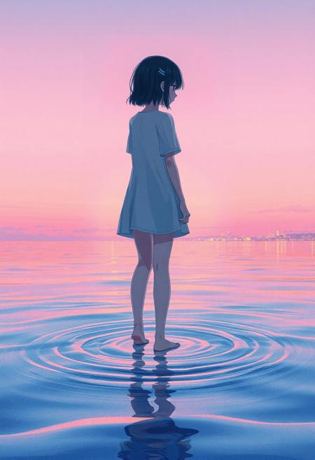 Vertical 9:16 cinematic anime scene, lonely anime girl standing barefoot in shallow ocean waves at twilight, mirror-like water reflecting pastel pink sky, distant glowing lights of a city on the horizon, dreamy hyper-detailed anime watercolor style, emotional peaceful feeling.