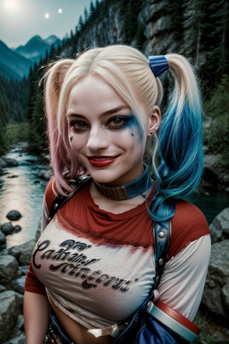 1girl, harleyquinn, twintails, multicolored hair, ((upper body selfie, happy)), masterpiece, best quality, ultra-detailed, solo, outdoors, (night), mountains, nature, (stars, moon) cheerful, happy, mountain boots, gloves, flashlight, forest, rocks, river, wood, smoke, shadows, contrast, clear sky, analog style, (look at viewer:1.2), (skin texture), (film grain:1.3), (warm hue, warm tone :1.2), close up, cinematic light, sidelighting, ultra high res, best shadow, RAW, upper body, wearing pullover <lora:HarleyQuinnV2:1>