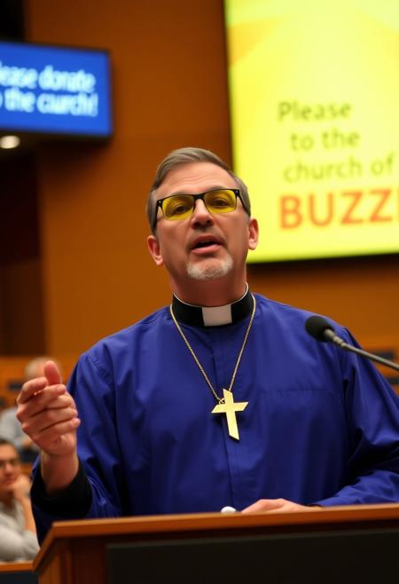 Man wearing yellow tinted glasses and a blue priest uniform inside auditorium behind podium preaching, he is wearing golden lightning bolt symbol necklace prominently visible, behind him is a sign with text "Please donate to the church of BUZZ!". No cross symbol.