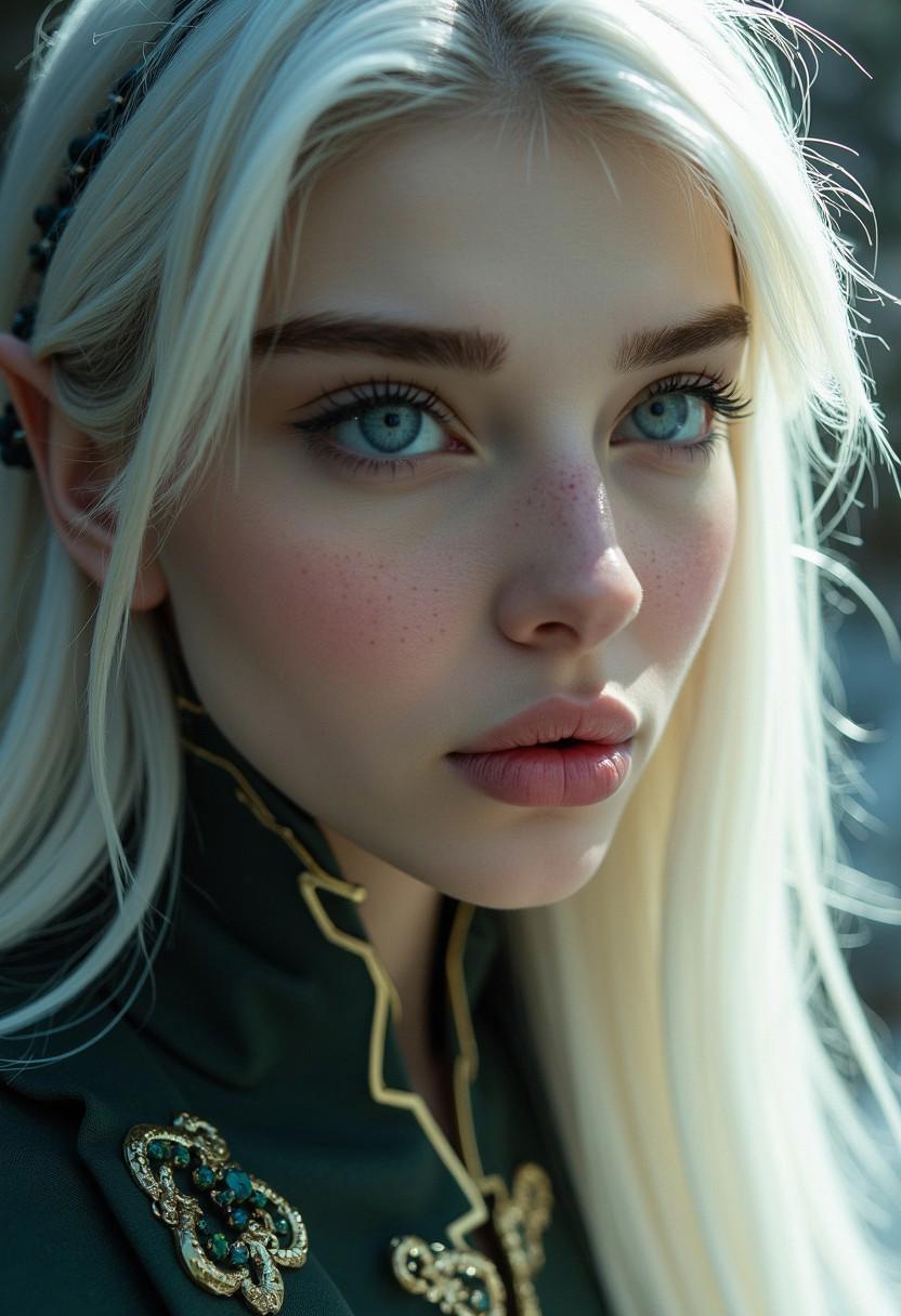 A stunning, hyper-realistic close-up captures the face of a beautiful elven swordswoman, poised for battle. Her intense, beautiful pale blue eyes reflect a fierce resolve, shining with both quiet strength and an underlying vulnerability. The sharp, delicate features of her face are framed by long, sleek white hair, slightly tousled, with strands falling over one eye, adding to her mysterious allure. Her expression is a mesmerizing mix of determination and fragility, capturing the duality of a warrior ready to fight yet imbued with an ethereal, almost otherworldly beauty. Soft beads of sweat cling to her flawless, pale skin, subtly glowing in the dramatic side lighting that enhances every detail.
The lighting casts intricate shadows across her face, highlighting the contours of her high cheekbones and the softness of her lips, which tremble slightly with tension. There’s a moody, atmospheric glow surrounding her, blending the ethereal elements of a fantasy world with the timeless elegance of modern fashion. Her gaze is piercing yet distant, as if contemplating both the battle before her and the weight of her existence. The overall style evokes a luminous blend of John Anster Fitzgerald’s dreamy fantasy elements, Alphonse Mucha’s intricate nature-inspired details, and Rembrandt’s mastery of light and shadow, creating a hauntingly beautiful, cinematic moment.