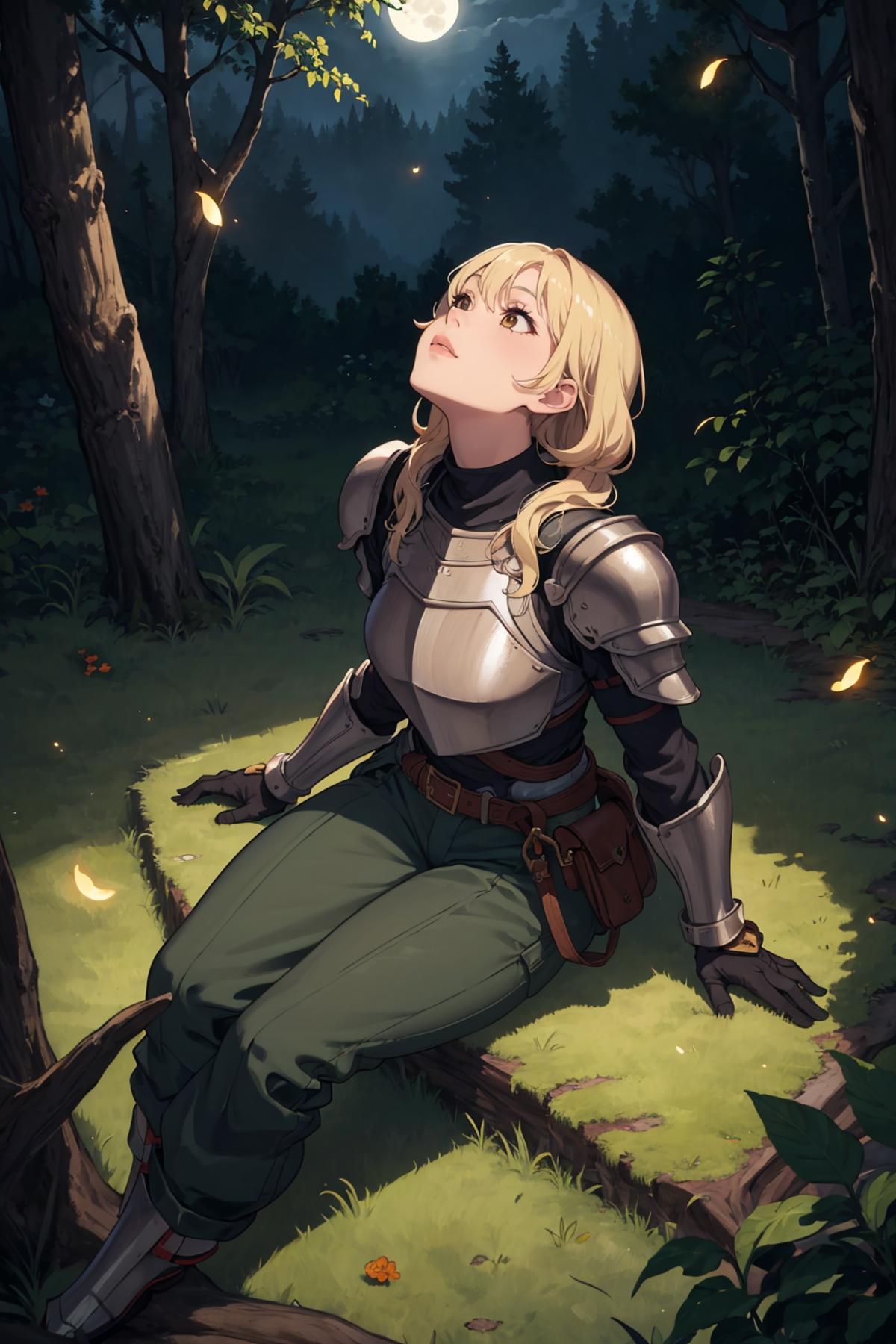 A Cartoon Woman in Armor Sitting in a Forest.