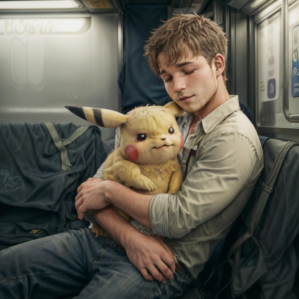 duo focus, (Sleeping 25yo slim male dg_ShawnPyfrom) sitting in empty subway train, (holding in his lap a real living sleep...