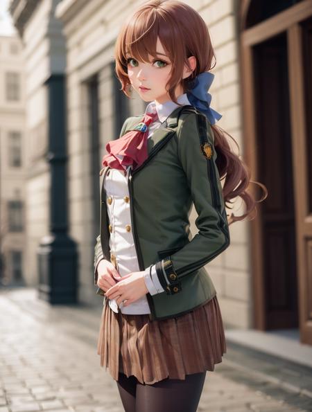 masterpiece, (realistic:1.4), photorealistic, best quality, towa herschel, red ascot, green jacket, hair bow, plaid skirt, black pantyhose, cowboy shot