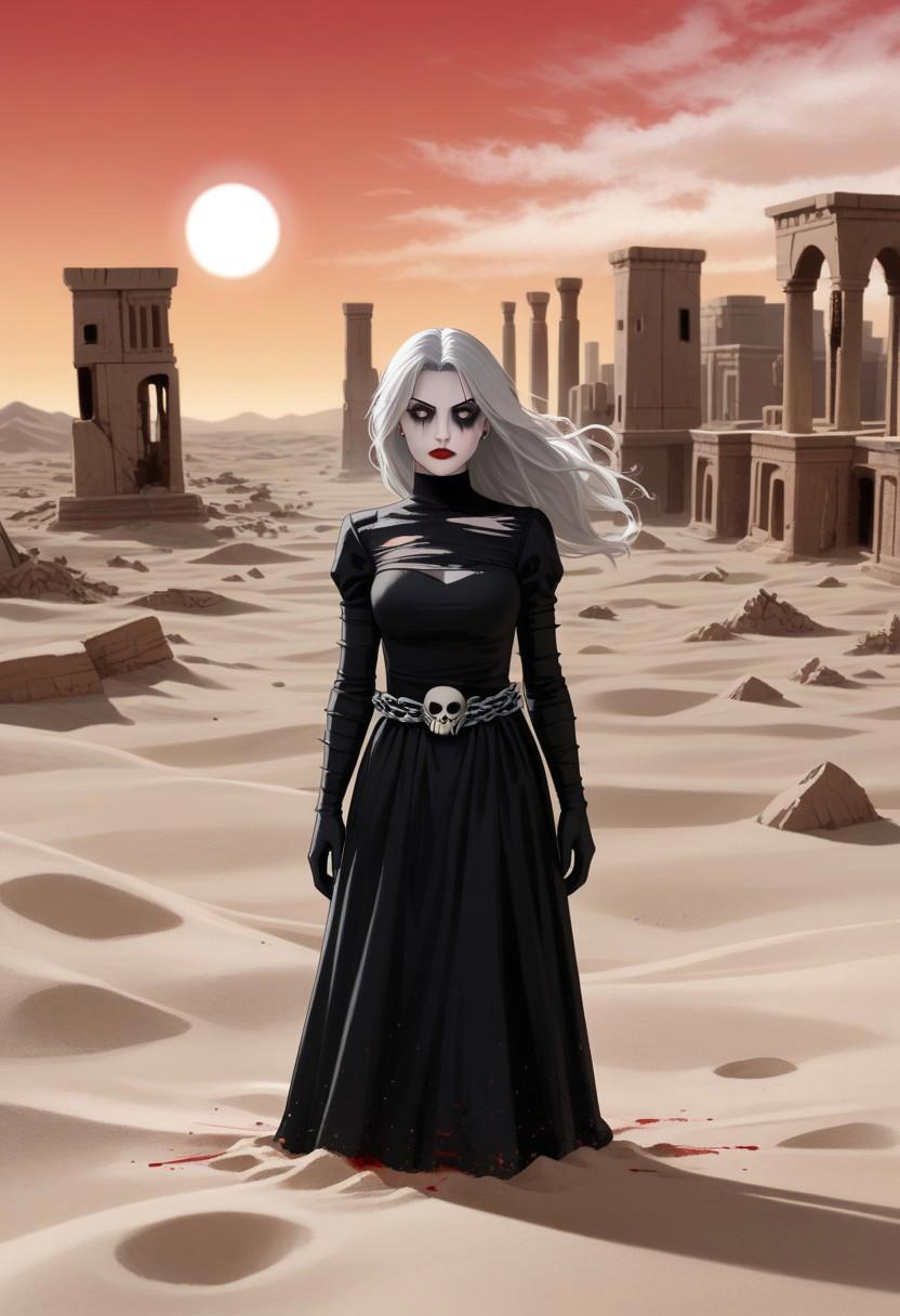 Depict Lady Death, an alluring and sinister supervillain with flowing, luminescent silver hair cascading down her back. Her piercing eyes, highlighted by striking dark mascara, evoke both beauty and terror. Clad in a dramatic, tattered black gown, she wears a metal chain belt adorned with a skull buckle. Set in a moonlit, windswept desert landscape, this scene features jagged cliffs and ancient ruins partially buried in sand, where whispers of lost souls linger. A blood-red sun sets on the horizon, casting long shadows that stretch across the scene, while spectral figures emerge from the ruins, trapped between worlds. The atmosphere brims with an unsettling sense of beauty and despair, evoking a haunting horror concept.