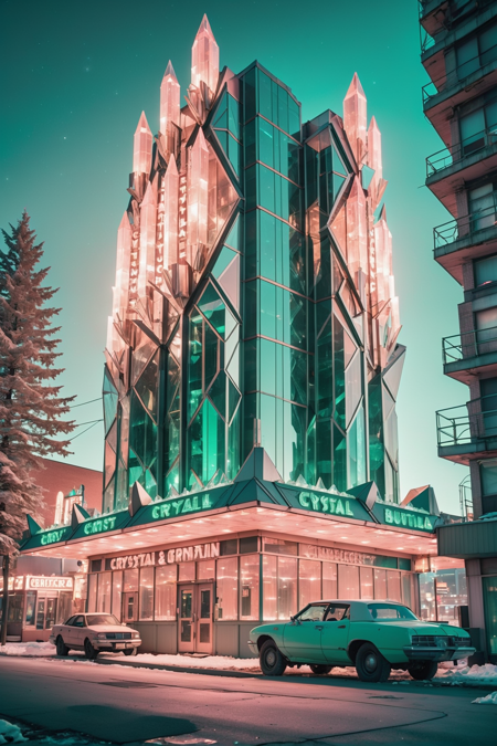 glowing deep peach and pastel forest green crystal brutalism, photograph, promotional still, cinematic color grading, steampunk, scifi, strip club in a cheerful,dystopian scifi city at the beginning of the universe, masterpiece, crystal buildingsd<lora:EnvyBetterHiresFixXL01:0:hr=1><lora:EnvyCrystalXL01:0.6>