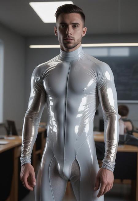 two slim 28-year-old italian males, with a short curtains haircut, detailed face, confused expressions, wearing a skin tight white transparent latex cybernetic suits with light-gray, silver and gold latex details, wearing skin tight transparent white latex jockstraps over his transparent  latex suits, standing at attention posture,  on a modern university classroom, looking to the camera, detailed face, Cinematic, Photoshoot, Shot on 25mm lens, Depth of Field, Tilt Blur, Shutter Speed 1/1000, F/22, White Balance, 32k, Super-Resolution, Pro Photo RGB, Half rear Lighting, Backlight, Dramatic Lighting, Incandescent, Soft Lighting, Volumetric, Conte-Jour, Global Illumination, Screen Space Global Illumination, Scattering, Shadows, Rough, Shimmering, Lumen Reflections, Screen Space Reflections, Diffraction Grading, Chromatic Aberration, GB Displacement, Scan Lines, Ambient Occlusion, Anti-Aliasing, FKAA, TXAA, RTX, SSAO, OpenGL-Shader s, Post Processing, Post-Production, Cell Shading, Tone Mapping, CGI, VFX, SFX, insanely detailed and intricate, hyper maximalist, elegant, dynamic pose, photography, volumetric, ultra-detailed, intricate details, super detailed, ambient