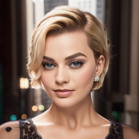 Picture, best quality, a woman in the city at night, photo of beautiful MR<lora:MR:1.0>, short hair,  night dress, make up, diamond pendants, looking at viewer, perfect face, perfect eyes, sharp focus, Intricate, High Detail, dramatic, photorealistic,