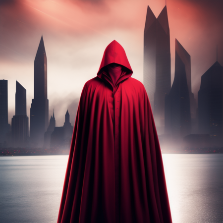 photo, a person wearing a red cloak standing in front of a city (RedCloak style:1) <lora:djzRedCloakV21:1>