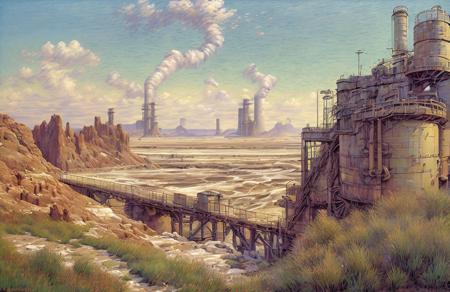 (impressionism:1.05), salt flat, Cliff/Bluff, industrialism, (john harris:1.1), rural, scene painting,a painting,scenery, sky,grass,plant,ladder,industrial pipe,robot, <lora:å·¥ä¸è¸æ±½:0.4>,