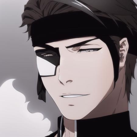 <lora:Aizen:0.9>,1man,Aizen,short brown hair,detailed face,white kimono,smirk,serious look,black hedband,black eyepatch,headband connected to eyepatch,navel