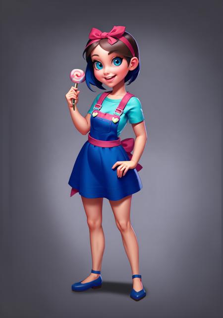 European and American cartoons, game characters, original design, 1girl, solo, brown hair, blue eyes, smile, arm behind back, dress, candy, hairband, heart, shoes, lollipop, full body, child, grey background, blue footwear, short hair, looking at viewer, standing, female child, shirt, open mouth, overalls, black footwear, ribbon, short sleeves, blue dress, bow<lora:CG Game ouka:1>