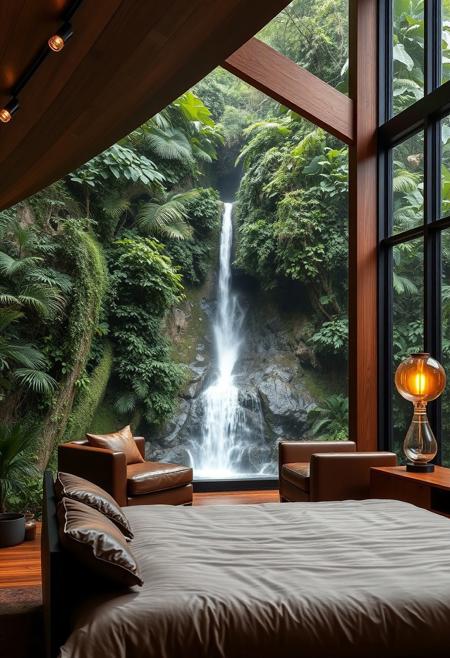 A stunning ultra modern bedroom scene situated on the top of a waterfall in a lush green tropical forest, bedroom is furnished in lush brown leather tones, rich wood, clean modern glass lamps with warm inviting lighting, large windows let in natural light and provide a stunning view of the waterfall descending outside
