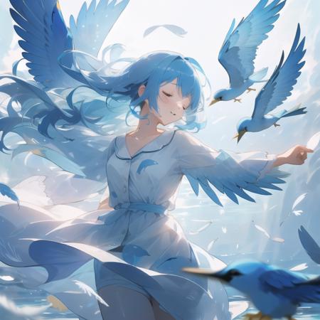 <lora:SleePeace:0.65>, sleepeace, 1girl,  (blue ocean, (sunshine, backlighting:1.1), floating, pajama, blue birds, feathers, wind, blue hair:1.1), dancing,, ultra_detailed:1.2