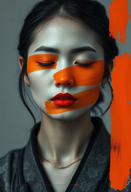 NSFW, (Soft Lighting Photography by Mimoza Veliu and Mario Giacomelli:1.2), Close-up of a woman's portrait, likely a digital composite. 
The woman's face is the central focus.  Her expression is neutral, with her eyes closed.  Large, bold strokes of orange paint are layered across her face, covering parts of her forehead, eyes, and cheeks, creating a stylized effect. Her skin tone is rendered in shades of gray and black.  Her lips are a defined, reddish-pink.
Her hair is pulled back into a bun, dark in tone. 
She wears a traditional-style garment, which is depicted in shades of gray and black.  Subtle details of the fabric, likely embroidery or patterns, are visible. 
The background is a muted, light gray tone.  Other graphic elements and paint-like brush strokes are incorporated in the image, creating an abstract effect particularly on the upper-right and at the sides, maintaining the theme of stylized, abstract shapes and colors., sexy