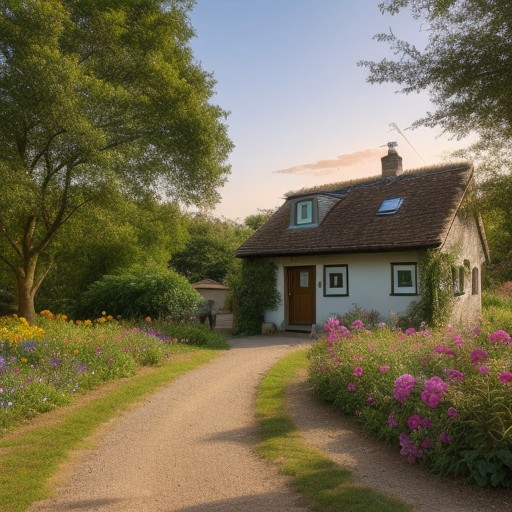 A cozy countryside cottage surrounded by colorful flowers, with a clear blue sky and a warm sunset in the background. A stone path leads to the front door, and a cat naps on the porch