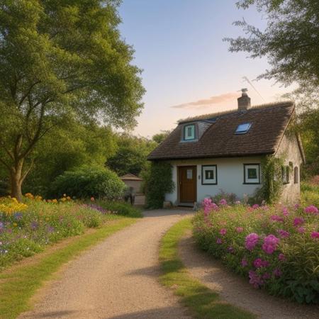 A cozy countryside cottage surrounded by colorful flowers, with a clear blue sky and a warm sunset in the background. A stone path leads to the front door, and a cat naps on the porch