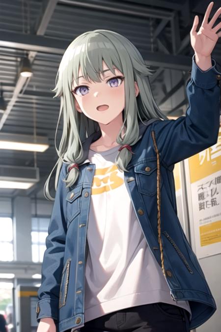 <lora:NotKyo-02:0.7> ,nene, 1girl, long hair,  shirt,  purple eyes, jacket, green hair, indoors,blue jacket, emphasis lines,denim jacket