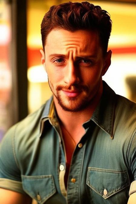 aaron taylor-johnson a man <lora:Aaron-Taylor-Johnson:1> sitting behind a diner counter looking at viewer with cheeseburger on a plate in front of them, button up shirt, muscular, (happy expression:0.8), raised brows, blurry background, city background, realistic, masterpiece, intricate details, detailed background, depth of field,