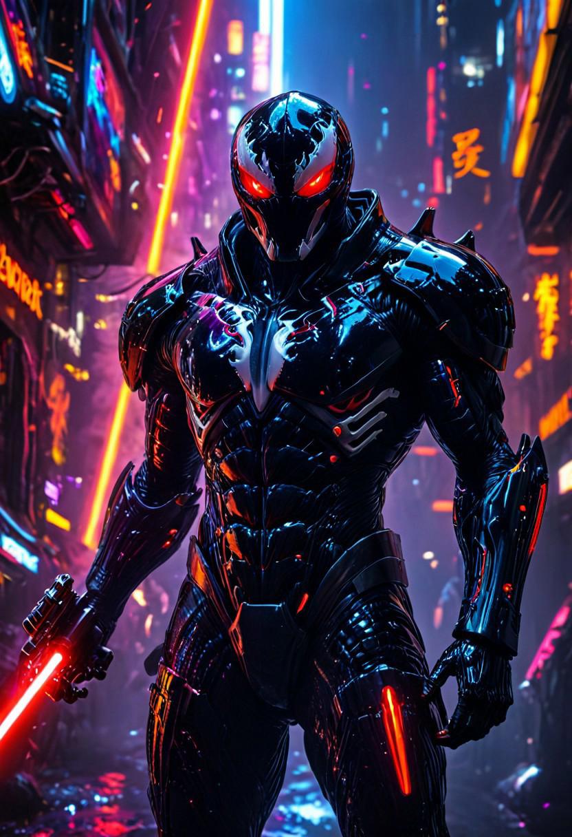 Introducing "Venom Guts Genos Fear Garou Neon Sith: Chronicles of the Cyberpunk Revan"! This unique fusion character combines the raw strength and determination of Guts with the symbiotic abilities of Venom, further enhanced by cybernetic upgrades akin to Genos. This extraordinary amalgamation encapsulates the cosmic terror of Garou, wielding sabers infused with the dark energy of the Sith.
Donning a Legion Sith Teutonic helmet, the character's glowing red eyes pierce through the vibrant neon cyberpunk backdrop, drawing inspiration from Darth Revan's storied past. Reeves Reeves, the name given to this character, demonstrates fluidity and agility akin to Genji, wielding two sabers - one in a crimson hue, the other a rare, captivating purple.
This character is enhanced by visual effects from Industrial Light & Magic and WetaFX, as well as the seamless integration of void, ASCII, mosaic, matrix, and binary elements. The result is an enigmatic and captivating figure that embodies the essence of the digital darkness, evoking an air of mystery and intrigue.