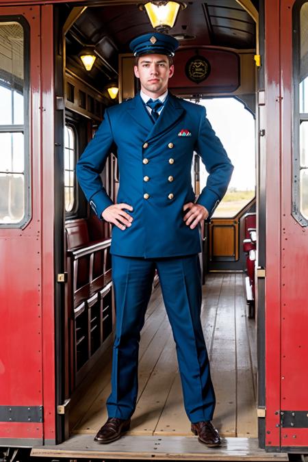 19th century red train caboose, standing on the caboose, LoganRobbins is a 19th century locomotive engineer, wearing a 19th century style train engineer's uniform, masterpiece, (((full body portrait))), wide angle  <lora:LoganRobbins:0.75>