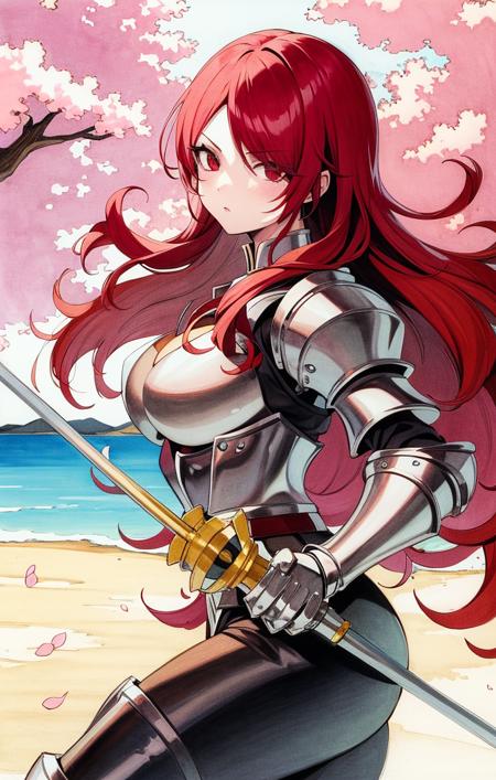 <lora:MitsuruKirijoPersona4:1> traditional media, sketch, scenic background, from side, cherry blossom trees, holding rapier, mitsuru kirijo [persona], 1girl, focused expression, armored dress, armored leggings