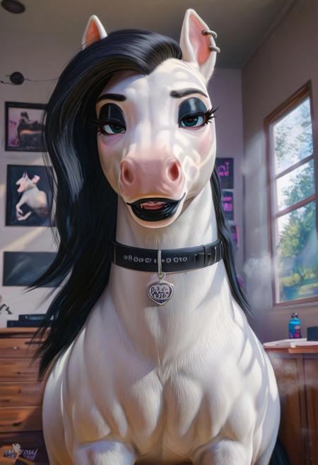 3D, Hyper realistic, photo realism, score_9, score_8_up, score_7_up, interior, close-up, cozy, highly detailed, (((feral horse))), high quality, NSFW,
 BREAK,
Solo, gothic, equine, anthro, femboy, male effeminate (((white fur))), white fur, smooth fur, (black eyeshadow), (((black lipstick))), seductive, thick plump body, wide hips, black collar on neck, (((plump rear))), exaggerated sensual body hot steaming body, presenting face,
BREAK,
High balcony outdoors POV portrait close up, (((bedroom eyes eye contact))), front view, sensual stare down,