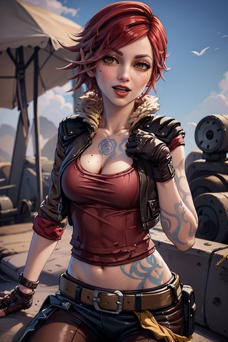 (masterpiece, best quality:1.2), <lora:lilith_(borderlands):.9>, lilith (borderlands),  1girl, breasts, cleavage, solo, cropped jacket, gloves, tattoo, navel, breast tattoo, fingerless gloves, red hair, pants, yellow eyes, makeup, jacket, lipstick, large breasts, mole, midriff, belt, short hair, red lips, mole under mouth, stomach tattoo, fur trim, collarbone, lips, open jacket, parted lips, arm tattoo, mole above mouth, brown jacket, crop top, black gloves, open clothes, nose, brown pants, stomach, fur-trimmed jacket, buckle, cropped vest, belt buckle, bangs, mascara, flower, white flower, looking at viewer, smile, open mouth, sitting, :d, white rose, rose, outdoors