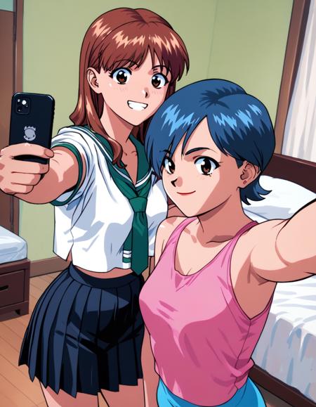 aska, brown hair, black hairband, white dress, medium dress, yellow cardigan aska, brown hair, serafuku, skirt aska, brown hair, hakama, white shirt, blue skirt miki, blue hair, crop top, turtleneck, dark blue shirt, short sleeves, cutoffs miki, blue hair, crop top, turtleneck, dark blue shirt, red jacket, cropped jacket, cutoffs