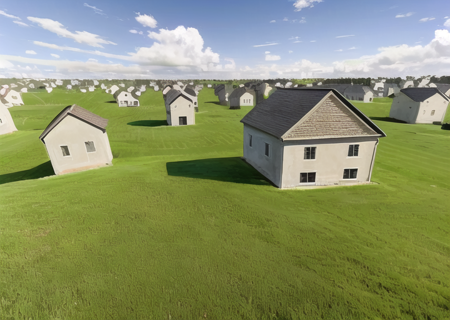 a group of houses in a field with a sky background, <lora:Level94-10:0.60>