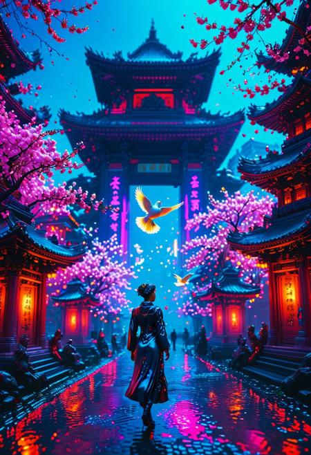 Neon lights, a cyborg figure, and the cyberpunk atmosphere, combined with a temple adorned with cherry blossoms and doves, create a striking scene that is incredibly detailed and showcases deep colors. The image, captured in a high-resolution 4K format, provides an immersive and captivating experience.
