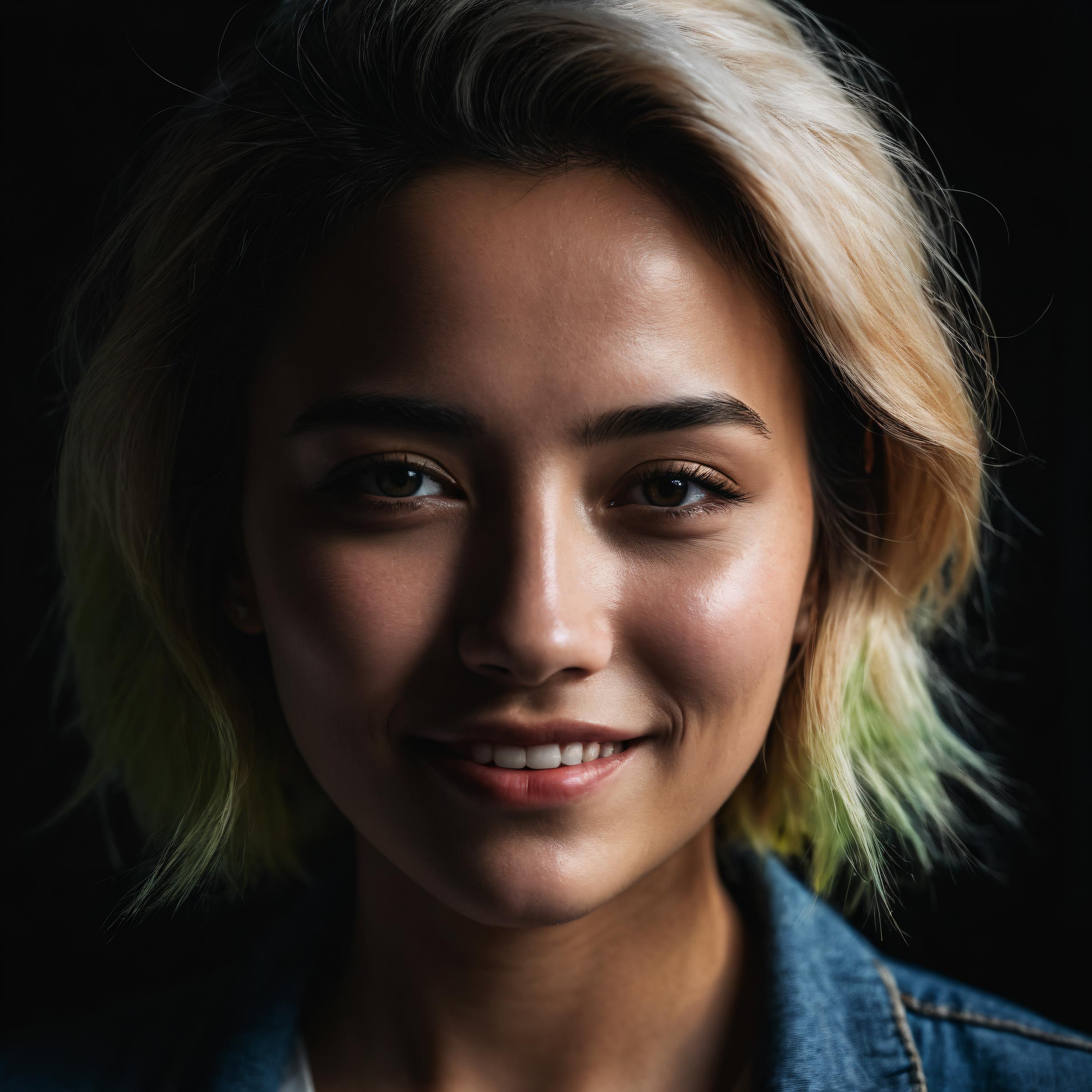 photoshoot, black background. (close-up, editorial photograph of a 21 year old woman), (highly detailed face:1.4) (smile:0...