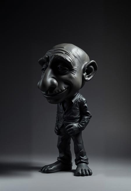 Sculptural clay art depicts a caricature figure in intense jet black.  A contemporary figurative style, moody atmosphere, and dramatic lighting create intimate moments. The pure black color, deep shadows, and modeled shapes emphasize the textured surface. Expressive brushwork and chiaroscuro effects create timeless sophistication.